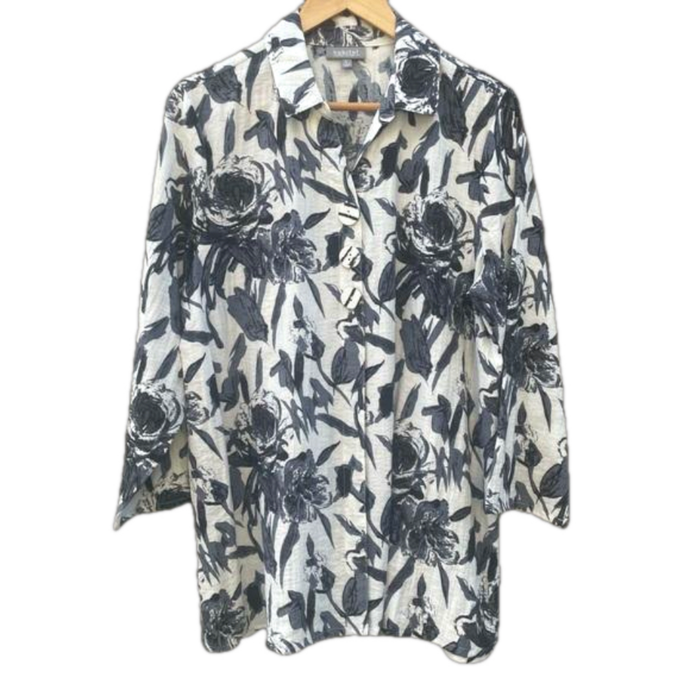 Habitat Black and White Floral Button Front Long Sleeve Tunic Blouse Size Large